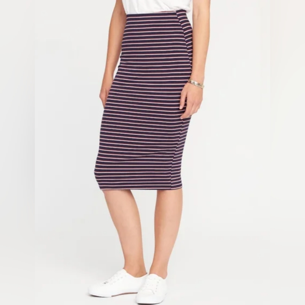 Old Navy Jersey Knit Red White & Blue Striped Women's Midi Pencil Skirt Size XS